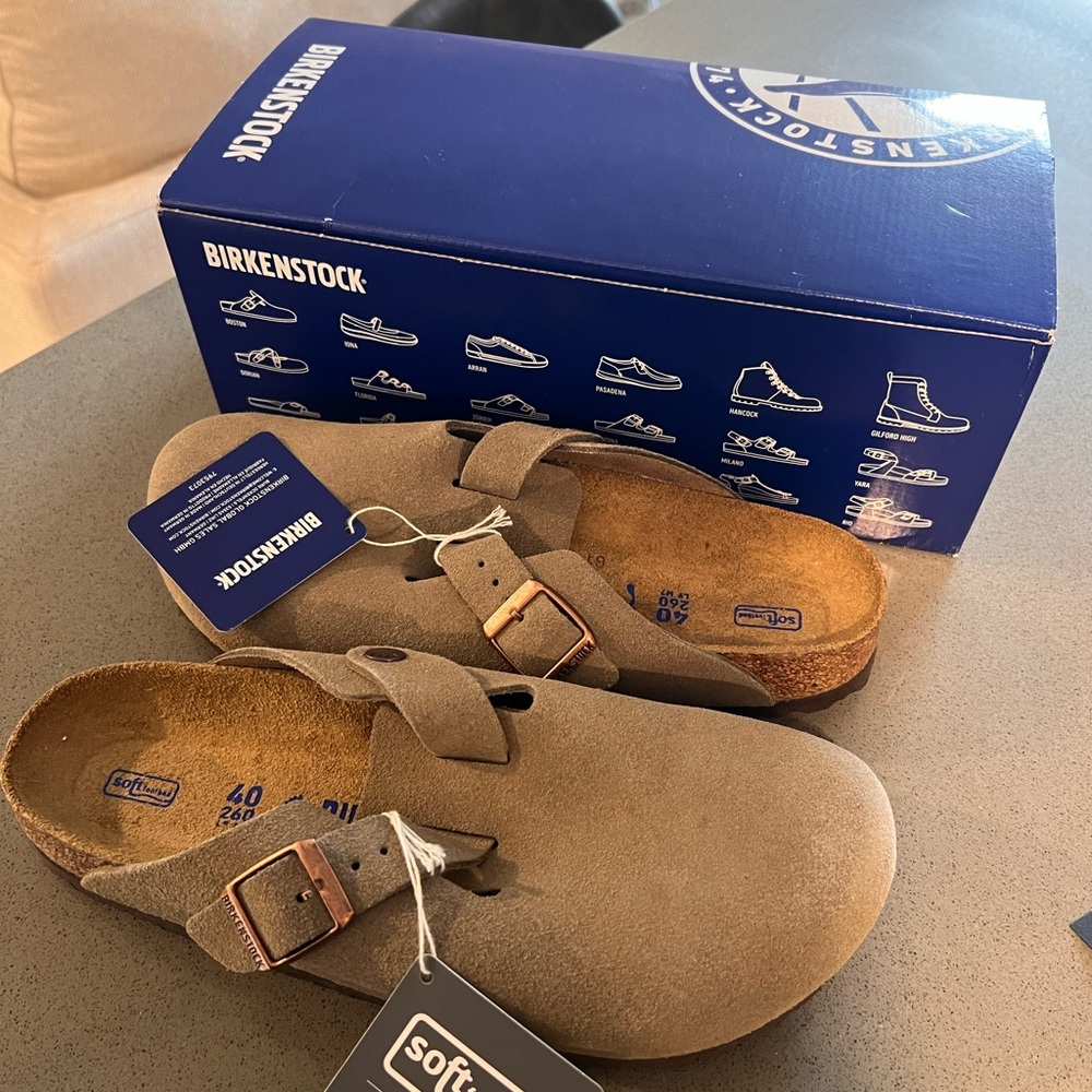 Birkenstock Bostons Suede Leather in Taupe (EU 40)